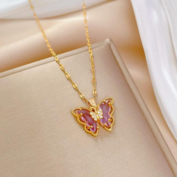 Anhänger Halsketten Lucky99 Koreanische Luxus Zirkonia Aushöhlen Lila Schmetterling Für Frauen Edelstahl Klinge Kette Schmuck