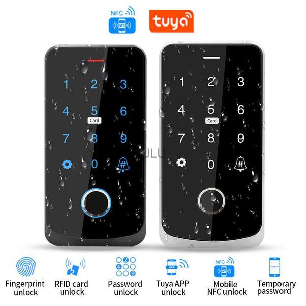 Fechaduras de portas com teclado de controle de acesso IP65 à prova d'água biométrico de impressão digital Touch Screen Controlador de acesso NFC Bluetooth Tuya App RFID IC M1 HKD230902