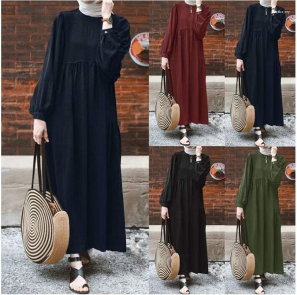 Abbigliamento etnico Islam Ramadan Abaya Tinta unita Girocollo Maniche a palloncino Abito Allentato Moda casual da donna