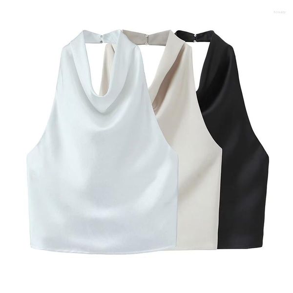 Canotte da donna Estate Raso di seta Texture Halter Neck Canotta Sexy Slim Pieghe Top Abbigliamento