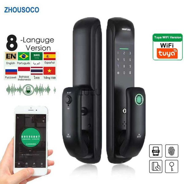 Serrature per porte Tuya Smart Door Lock con WiFi Blocco biometrico delle impronte digitali Pannello smerigliato Password digitale Scheda IC APP Sblocco Blocco elettronico automatico HKD230902