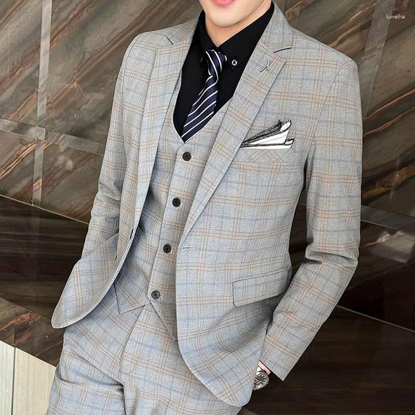 Ternos masculinos 2023 moda casual fino xadrez terno casaco três peças conjunto/business boutique casamento blazers jaqueta calças colete