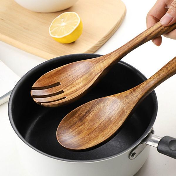 Set di stoviglie 2 pezzi cucchiaio di legno mestolo grande zuppa cucina giapponese cucchiai da portata manico lungo forchetta in legno set da insalata stoviglie