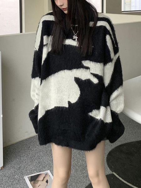 Suéteres femininos listrado camisola de grandes dimensões pulôver mulheres inverno 2023 longo solto de malha roupas de moda coreana