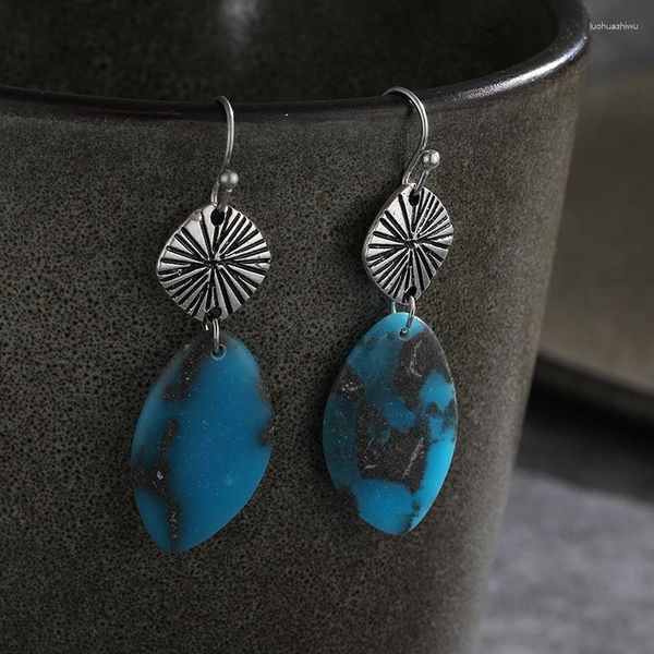 Dangle Brincos Bohemian Vintage Feminino Longo Pingente Jóias Étnica Natural Azul Pedra de Luxo