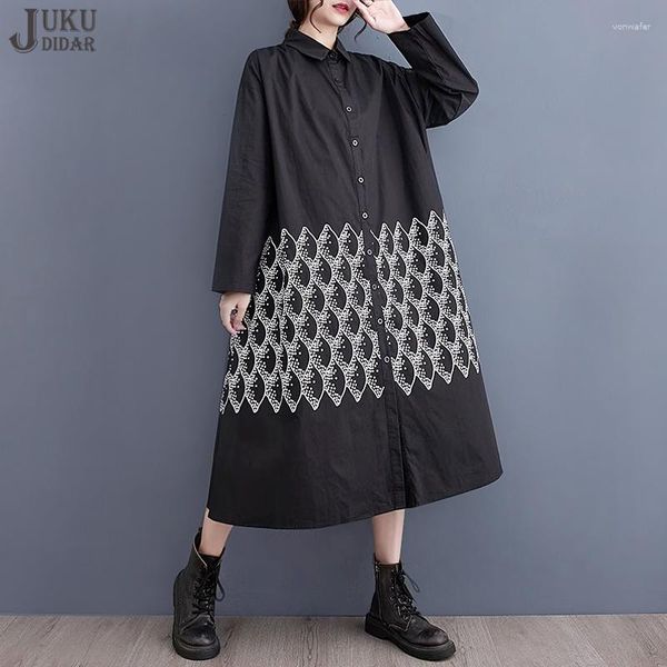 Lässige Kleider japanischer Stil Frau Langarm schwarz bedrucktes Hemd Kleid Lose Fit Großgröße Chi Tragen großes Vestidos JJXD536