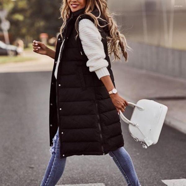 Gilet da donna Giacca da donna con cerniera laterale Elegante invernale imbottita con cappuccio slim fit con tasche sull'orlo di media lunghezza per A