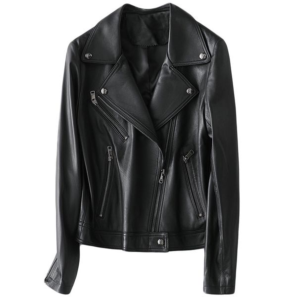 Echte Lederjacke Damen schwarze Lederjacken Motorrad Biker Mantel Reißverschluss Oberbekleidung Frühling Herbst Mantel M L XL