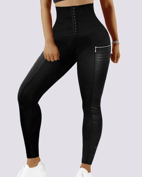 Calças femininas zíper design cintura alta barriga controle yoga mulheres preto moda verão primavera magro lápis leggings
