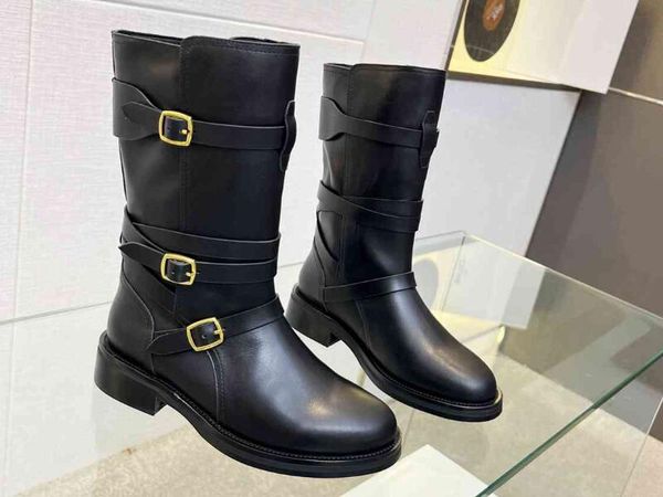 Realfine888 5A Botas Cline 5629370 LYRA Fivelas triplas de pele de bezerro tornozelo meia bota Desinger sapatos para homens com caixa tamanho 39-41