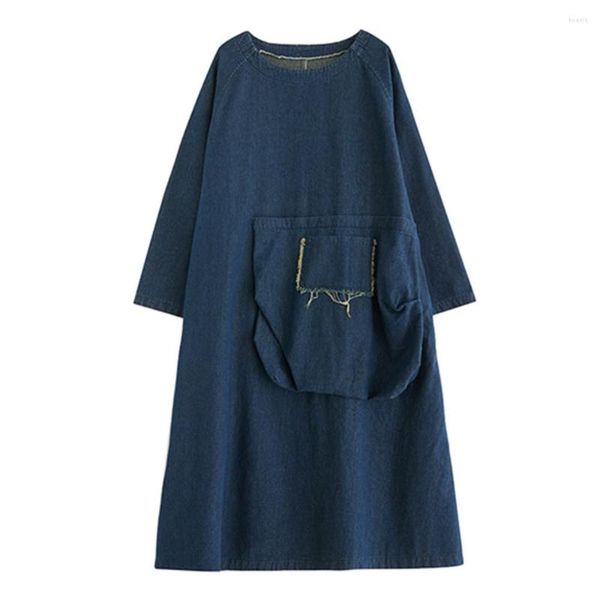 Vestidos casuais mulheres azul denim longo oversized baggy manga solta jeans maxi vintage senhoras bolso vestidos vestidos