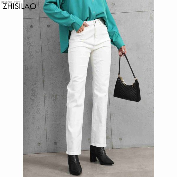 Calças de brim femininas zhisilao branco jeans feminino vintage estiramento cintura alta em linha reta perna larga denim calças outono 2021 jeans streetwear q230901