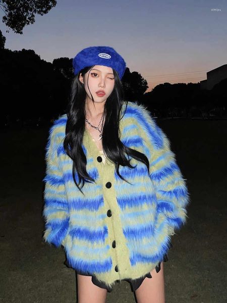 Maglioni da donna Deeptown Kpop Maglione oversize a righe vintage Cardigan donna stile coreano Hippie Top lavorato a maglia Harajuku Streetwear Casual