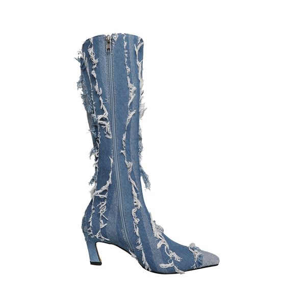 Новые осенние зимние женщины сапоги с высоким коленом плюс размер 22-26 см бахромы изношенные джинсовые ковбойские ботинки высокая каблука