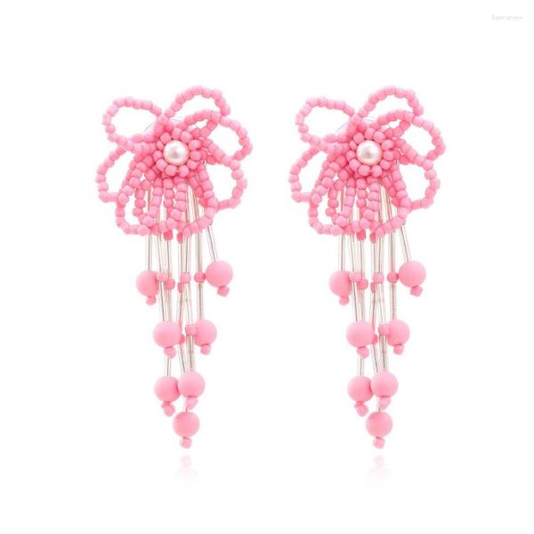 Baumelnde Ohrringe Böhmen lange handgefertigte Perlen rosa Blume Quaste Ohrring für Frauen elegante Webart Blumenanhänger Hochzeit Schmuck