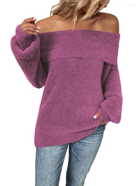 Женские свитеры Женщины повседневное из -за плеча джампер Длинные бэтвовные рукава пуловер.
