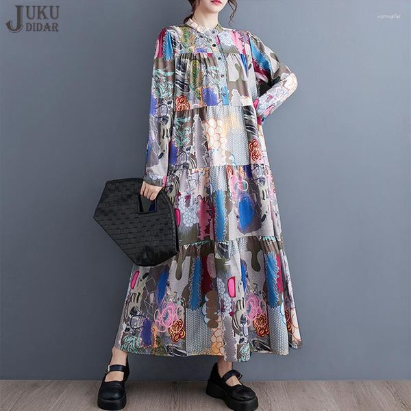 Casual Kleider Multiclor Gedruckt Frau Herbst Koreanische Stil Langarm Kleid Lose Fit Tragen Urlaub Große Chic Robe JJXD555