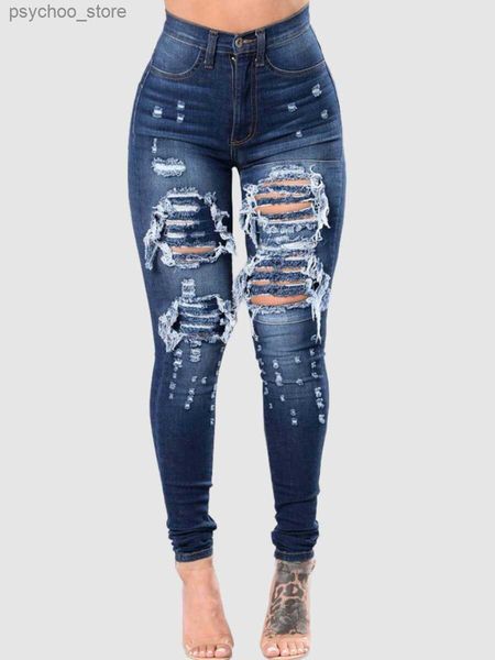 Damenjeans LW High Stretchy High-Waist Edge Ripped Jeans Bleistifthosen für Frauen Skinny Solid Color Fashion Streetwears (3 Farben) Q230901