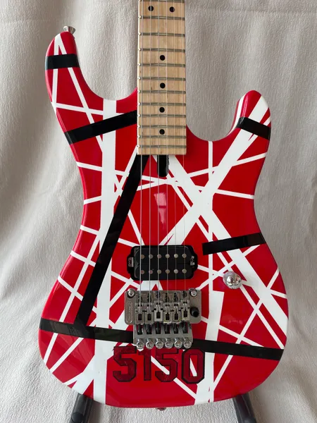 Alta Qualidade Edward Van Halen 5150 Listra Branca Vermelha Guitarra Elétrica Floyd Rose Tremolo Bridge, Porca de Travamento, Maple Neck Fingerboard