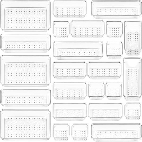 Set di 25 organizzatori per cassetti in plastica trasparente, vassoi versatili per cassetti per bagno e vanità in 4 dimensioni, contenitori per trucchi, camera da letto, utensili da cucina