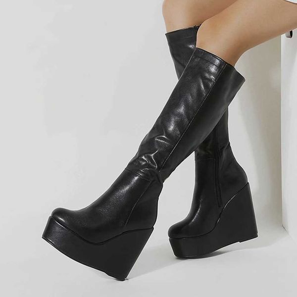 Couro preto de alta qualidade nova plataforma salto alto confortável cunhas sapatos femininos moda joelho botas altas 230821