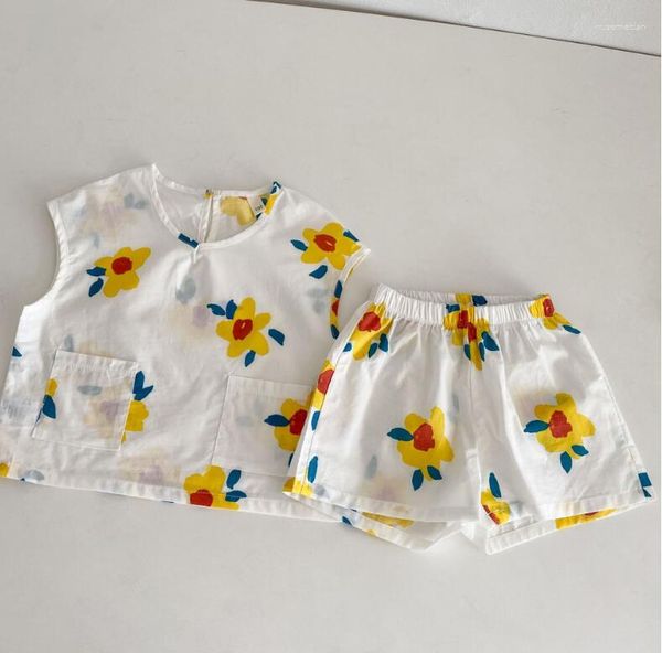Наборы одежды 2023 Korea Style Girls Boys 2 Пексы наборы для печати шорты для рубашки Summer Cotton Kids костюм 1-7 лет OO589