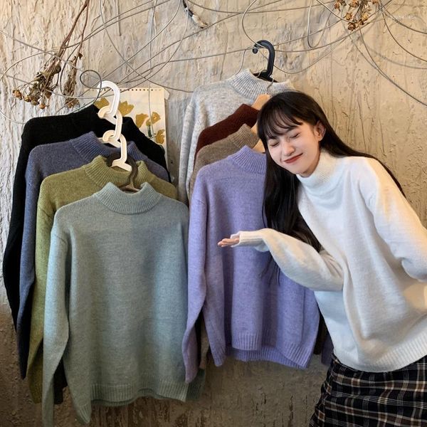 Kadın Sweaters Sonbahar 2023 Kış Koreli Harajuku Kadın Moda Arkadaşları Vintage Sold Renk Basit Belek Örtü Kükran Süvari Kadınlar