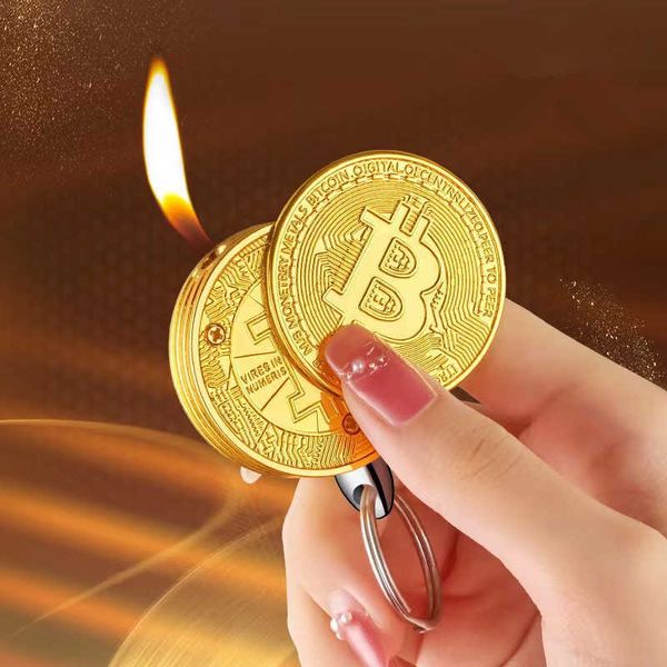 Neue kreative Bitcoin-Butan-Kein-Gas-Feuerzeug-Gedenkmünze, virtuelle Neuheit, einzigartiger Anhänger, Raucherzubehör, Gadgets, RIXW