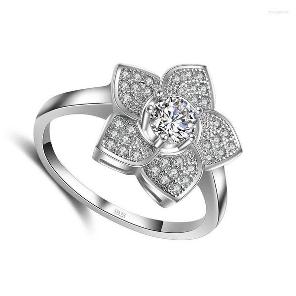 Anéis de cluster 925 anel de prata esterlina planta série afiada canto flor ornamento branco cristal zircônia cúbica para mulheres menina aniversário