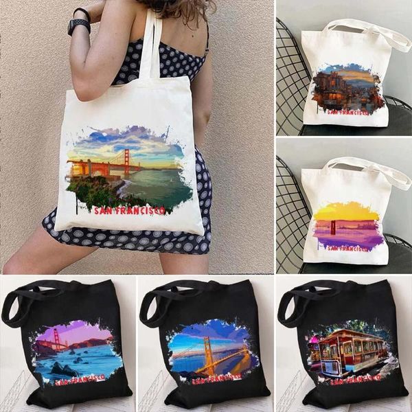 Sacos de noite San Francisco Estados Unidos EUA Cidade Vistas Aquarela Tinta Pintura A óleo Ombro Eco Canvas Algodão Tote Bag Kpop Shopper