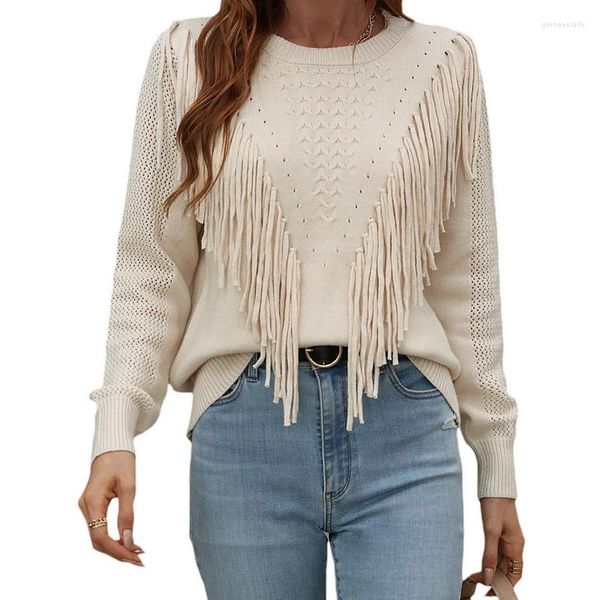 Damenpullover Frauen Quasten Herbst 2023 Einfarbige Strickwaren Langarm Rundhalsausschnitt Fringe Dekoration Lochausschnitt Lose Pullover Tops