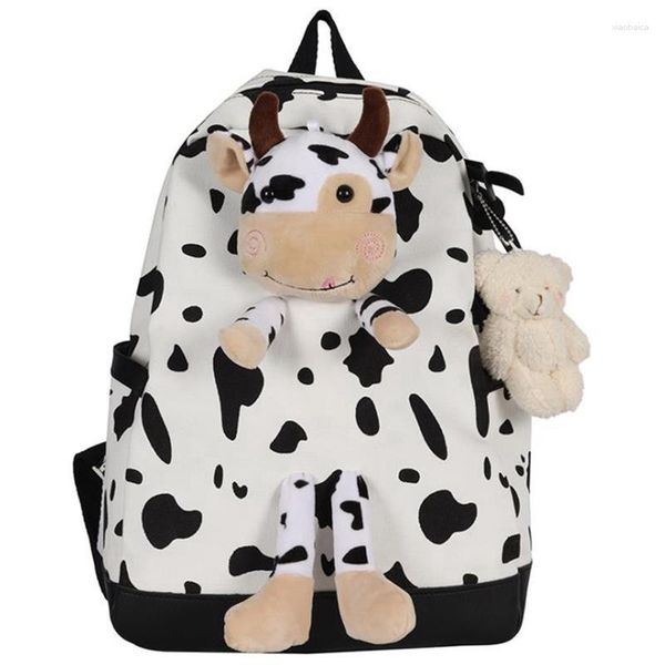 Borse da scuola giapponese Harajuku stile college simpatico cartone animato mucca bambola ragazza borsa morbida zaino con personalità divertente