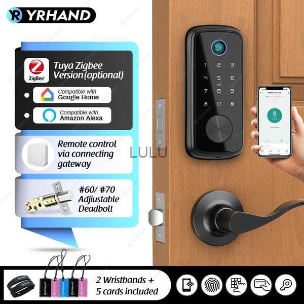 Fechaduras de porta Tuya Zigbee Smart Deadbolt Locks para porta da frente Alexa WiFi tuya app Impressão digital biométrica entrada sem chave Fechadura de porta com teclado HKD230902