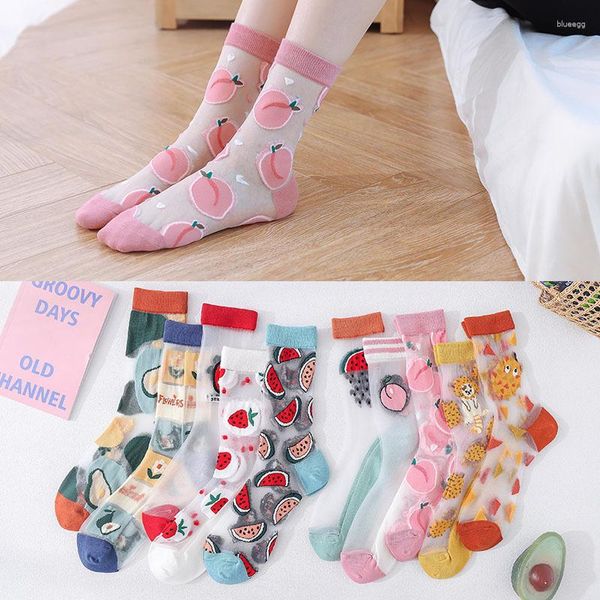 Frauen Socken Sommer Koreanische Mode Harajuku Frau Wassermelone Erdbeere Pfirsich Avocado Atmungsaktive Kristall Seide