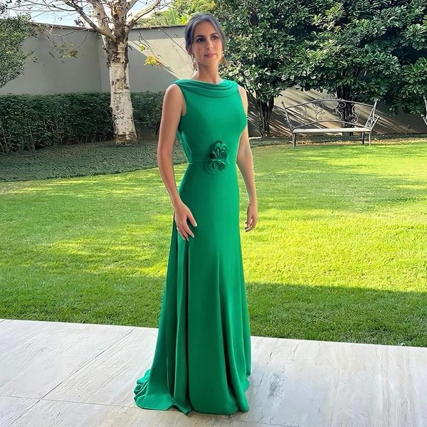 Verde sem costas mãe da noiva vestidos bateau pescoço uma linha vestidos de noite com faixa cetim vestido de convidado de casamento