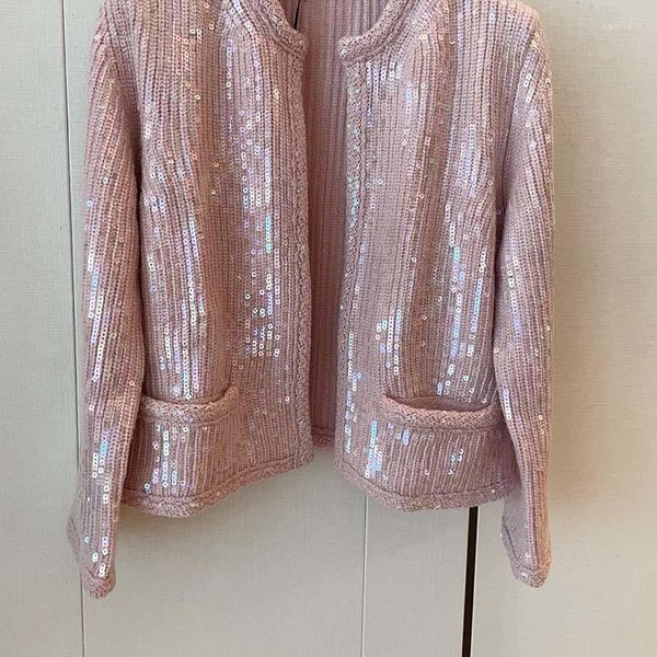 Malhas femininas de alta qualidade rosa lantejoulas malha cardigan moda pista em torno do pescoço lã mistura solta casaco casaco y2k feminino roupas sólidas