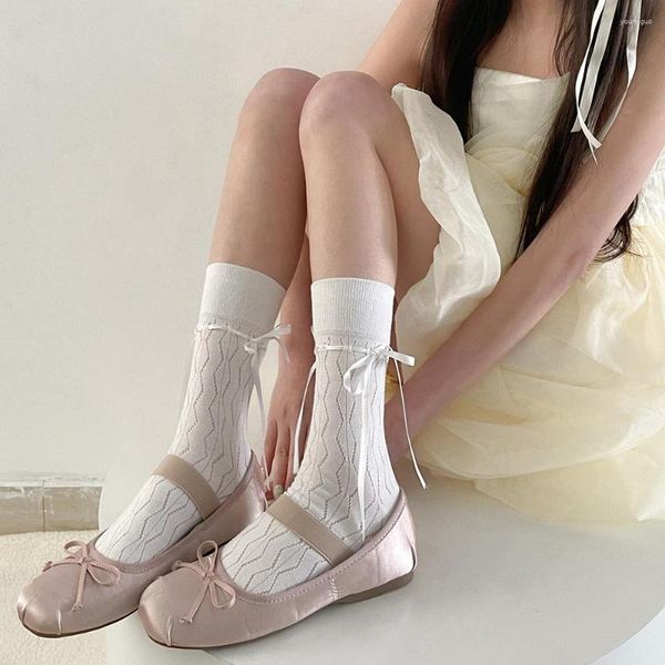Kadın Çorap JK Japon tarzı Kawaii Bale Şerit Bowknot Bandaj Sevimli Uzun Lolita Tatlı Kızlar Siyah Beyaz