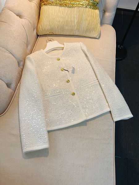 2023 outono marfim cor sólida tweed jaqueta manga longa em torno do pescoço lantejoulas jaquetas single-breasted casaco curto outwear a3g306607