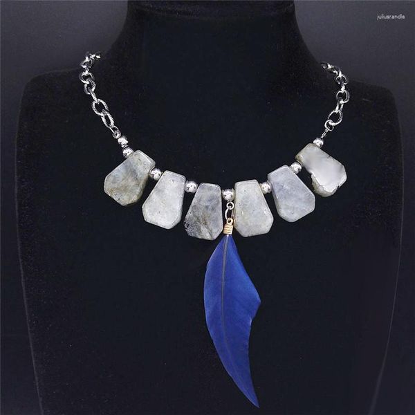 Pingente colares boêmio pena flash pedra de aço inoxidável para mulheres cor prata chocker jóias colares mujer nxs04