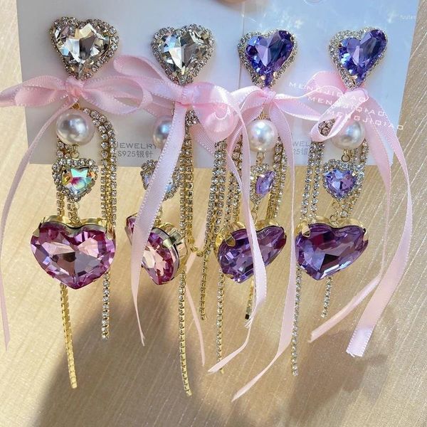 Brincos pendurados strass coração pingente brincos para mulheres harajuku doce e romântico fita arco rosa roxo jóias