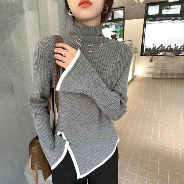 Damenpullover 2023 Pullover Jersey Slim Wild Half High Collar Grauer Pullover Frauen Pullover Unregelmäßige Split Langarm Strickoberteile Shirts