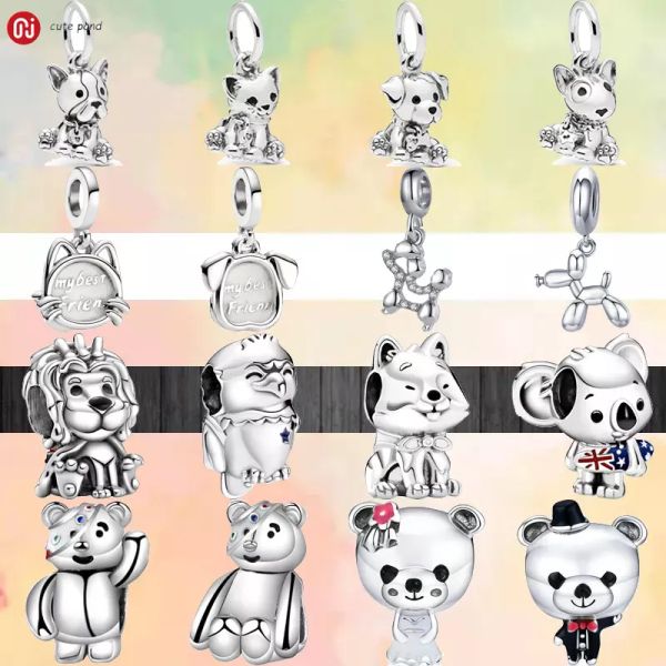 925er Silberperlen-Charms passen für Pandora-Charm-Armbänder. Süßes Haustier, Katze, Hund, Anhänger, Welpe, Bär, Löwe, Koala, Charms-Set