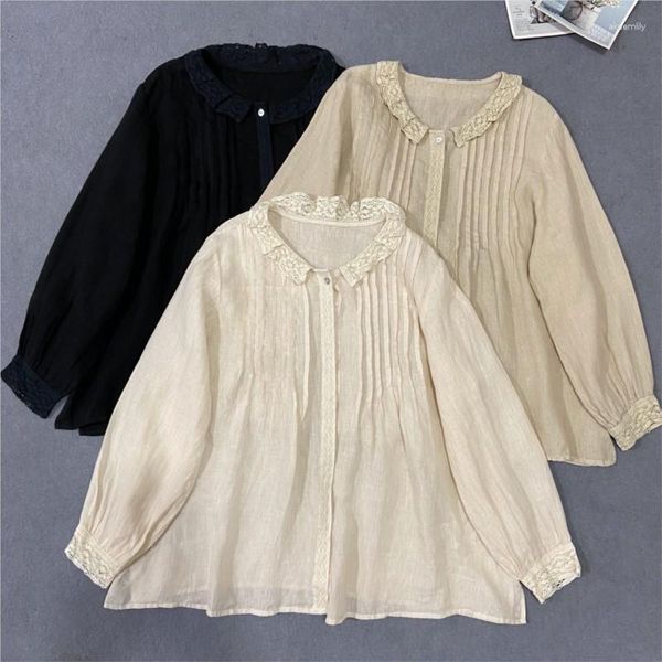 Blusas femininas johnature 2023 outono feminino japonês versão coreana vintage renda lapela de manga comprida camisas de linho casual feminino topos