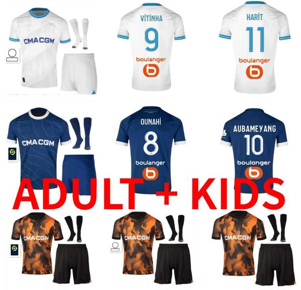 Marselha GIGOT Camisas de futebol 2023 2024 Maillot Foot CLAUSS NUNO HARIT OUNAHI VITINHA VERETOUT NDIAYE GUENDOUZI AUBAMEYANG 23 24 Camisa de futebol adulto kit infantil