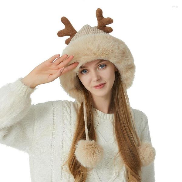 Berets Natal Antlers Tricô Chapéu Grande Borda Macia Mais Adorável Inverno Quente Earmuffs Menina Y2K