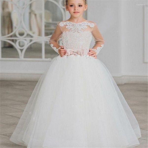 Mädchenkleider Blumenkleid Weiß Flauschiger Tüll Langarm Schleife Bund Applikation Hochzeit Elegant Kleine Kinder Kommunion Party