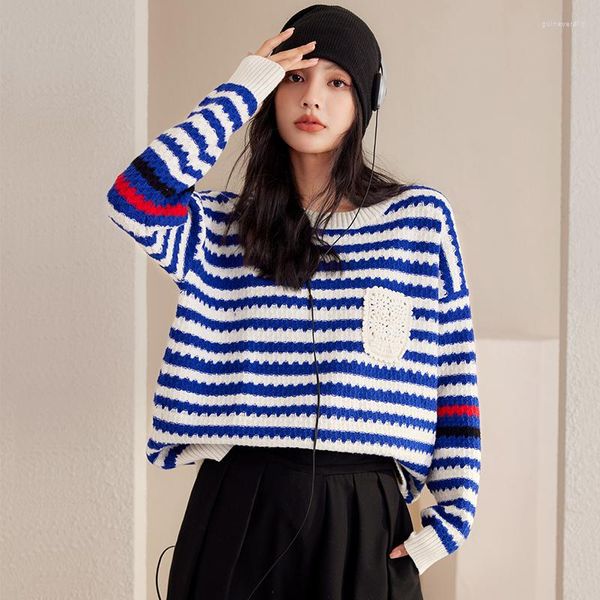 Kadın Sweaters Kore moda bayanlar gevşek şerit kazak kadınlar seksi üstler kadın Japon kızlar gündelik vingate örme kazık 2