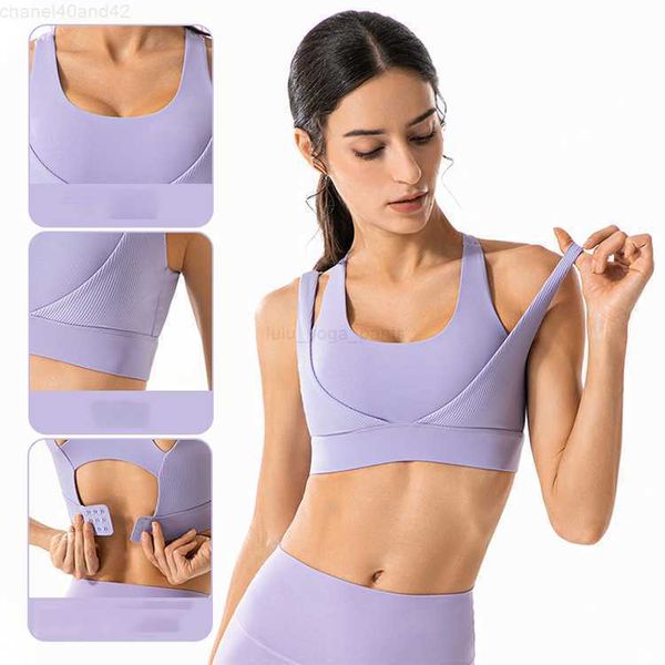 LL-DS02 roupa íntima esportiva feminina de alta resistência à prova de choque para corrida externa linda costas duplas alça de ombro sutiã com nervuras fitness com roupas esportivas de marca