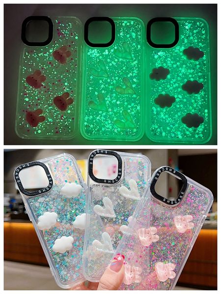 3D DIY Glow In The Dark Soft TPU Capas para Iphone 15 Plus 14 Pro Max 13 12 11 Coração Love Cloud Rabbit Bling Luxo Luminoso Gotejamento Cola Folha Confetti Lantejoulas Capa de telefone