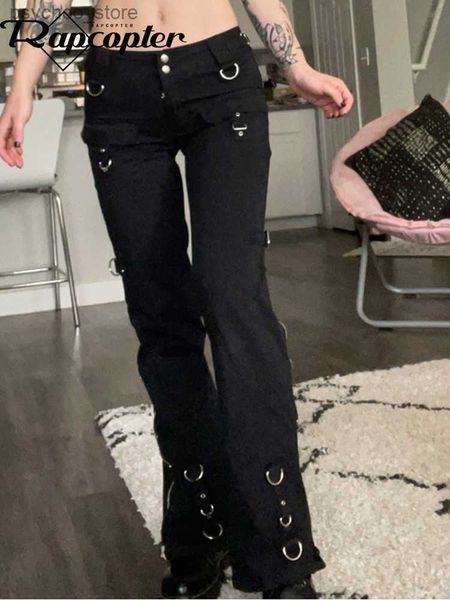 Jeans femininos rapcopter metal zíper flare jeans goth preto cintura baixa calças de carga bolsos punk moda acadêmica sweatpants mulheres coreano jean q230901